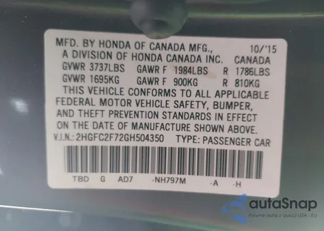 2016 Honda Civic Ex из США, поврежденный, VIN 2HGFC2F72GH504350